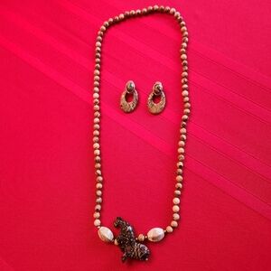 Brown Bead Necklace with Horse Pendant and Matching Earrings